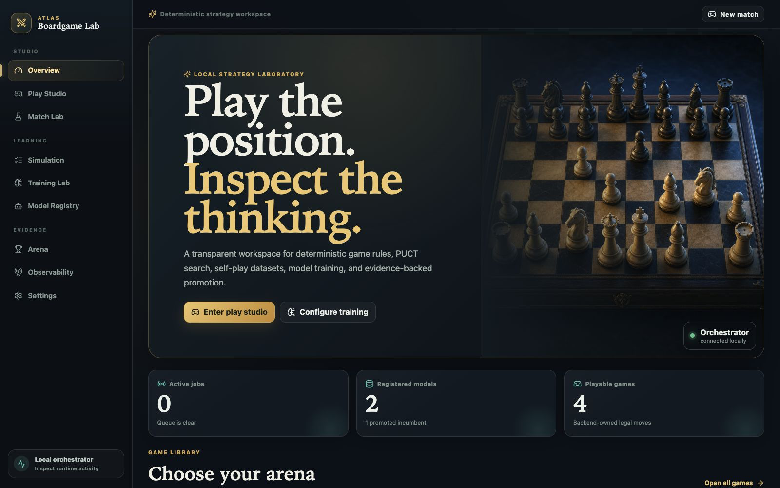 Boardgames AI Lab Dashboard mit Spielbibliothek und Laufzeitmetriken