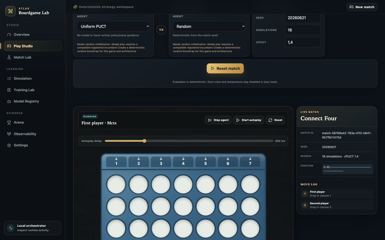 Boardgames AI Lab Play Studio mit laufender Connect-Four-Partie