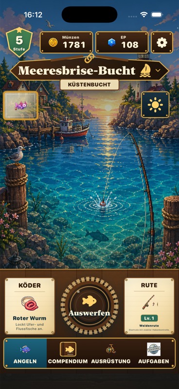 ReelHaven Angelszene mit Spielfigur und Gewässer