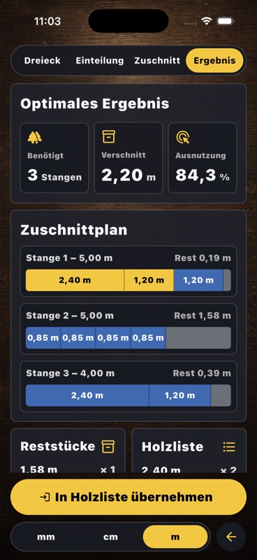WinkelMeister Zuschnittplan mit berechneter Balkenansicht
